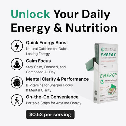 Peak Performance Energy Strips — Vegan, Gluten Free, Soy Free & Sugar-Free Breath Strips w/Caffeine, 18 Vitamins & Minerals — Instant Energy Boost Chocolate Mint Dietary Supplement — 30 Oral Strips Vitamin-StripsBuy Supplements Australia