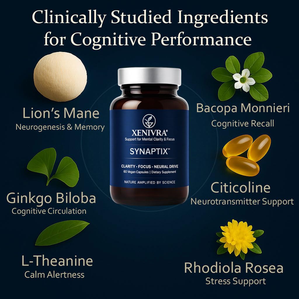 Xenivra Synaptix™ Natural Nootropic Brain Supplement | Herbal Memory & Focus Pills with Citicoline, L-Theanine, Lion’s Mane, Bacopa & Rhodiola | Mental Clarity & Brain Fog Support | 60 Vegan Capsules XENIVRA NATURE, AMPLIFIED BY SCIENCEBuy Supplements Australia