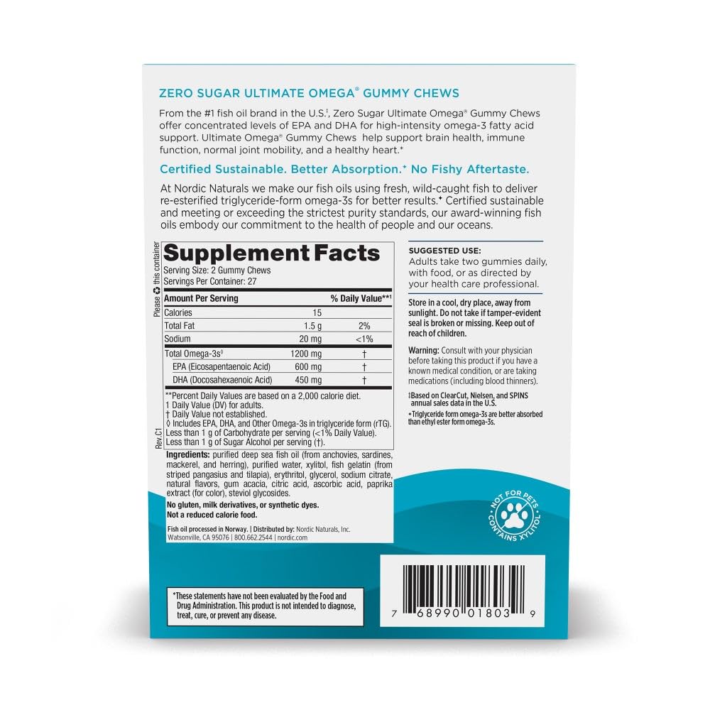 Nordic Naturals Zero Sugar Ultimate Omega Gummy Chews - Tropical Fruit - 54 Gummy Chews - Non GMO - Optimal Wellness - 27 Servings Nordic NaturalsBuy Supplements Australia