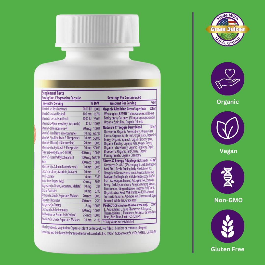 Paradise Herbs Earth's Blend Once Daily Multivitamin with Iron, 48 Organic Superfoods, Probiotics, Antioxidants, Vitamins A, B12, C, D, K2, 60 Capsules Paradise HerbsBuy Supplements Australia