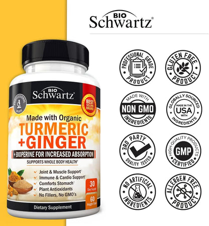 Organic Turmeric Curcumin and Ginger - 95% Standardized Curcuminoids with BioPerine BioSchwartzBuy Supplements Australia