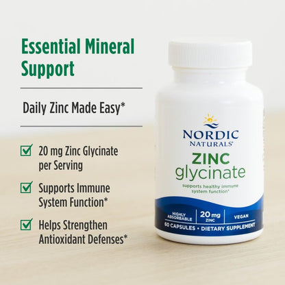 Nordic Naturals Zinc Glycinate - 60 Capsules - 20 mg Highly Absorbable Zinc Glycinate - Optimal Wellness - Non-GMO, Gluten Free, Vegan - 60 Servings Nordic NaturalsBuy Supplements Australia