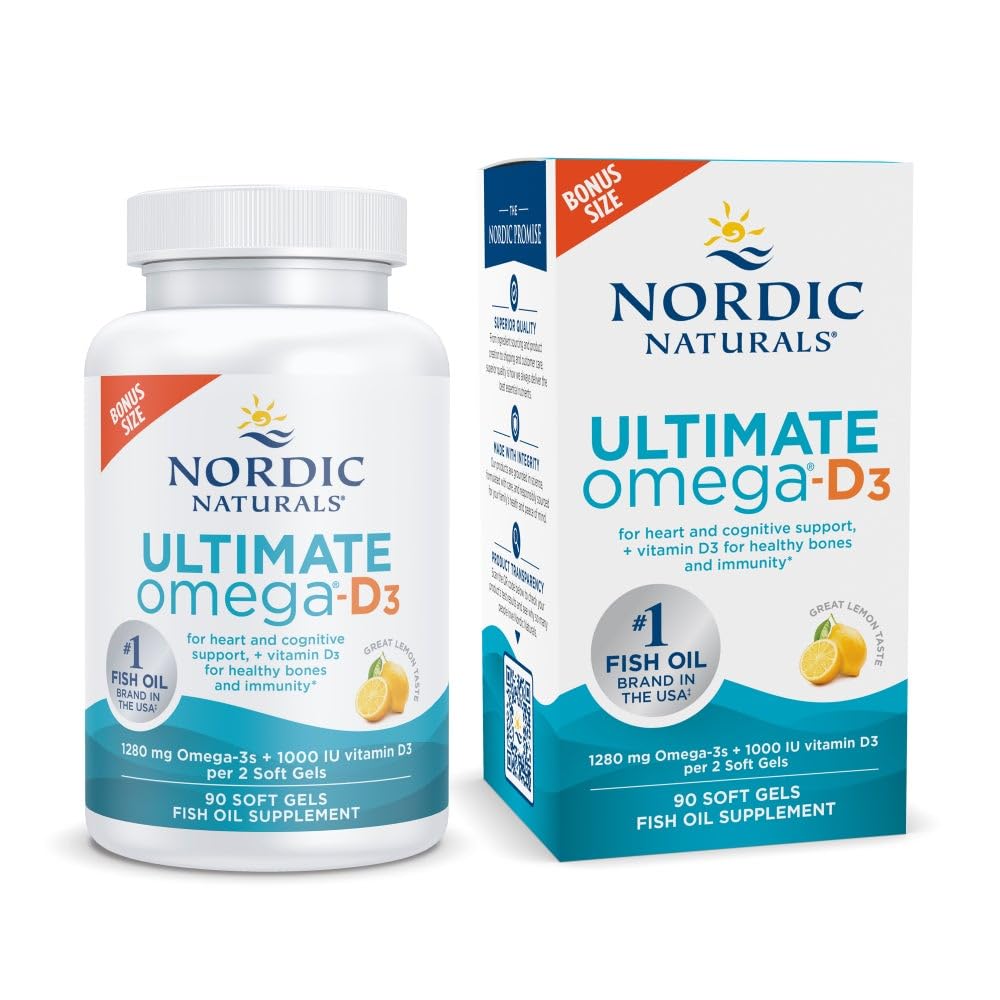 Nordic Naturals Ultimate Omega-D3, Lemon Flavor - 90 Soft Gels - 1280 mg Omega-3 + 1000 IU Vitamin D3 - EPA & DHA - Promotes Brain, Heart, & Immune Health - 45 Servings Nordic NaturalsBuy Supplements Australia