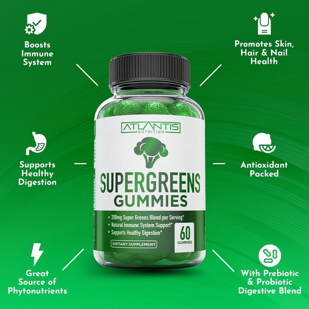 Atlantis Nutrition Supergreens Gummies - Daily Green Superfoods Supplement with Spinach, Broccoli, Moringa, Beet Root, Celery, Green Tea, & Acai for Immunity Support - Natural Raspberry Flavor, 60 cnt Atlantis NutritionBuy Supplements Australia