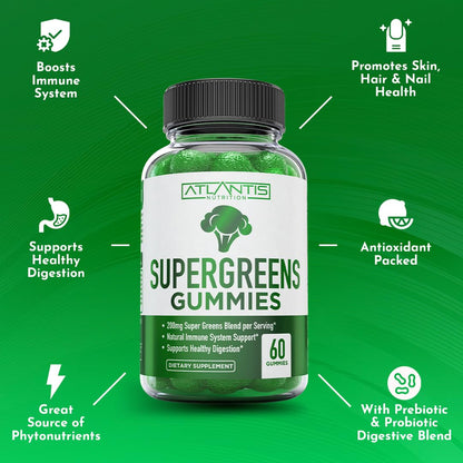 Atlantis Nutrition Supergreens Gummies - Daily Green Superfoods Supplement with Spinach, Broccoli, Moringa, Beet Root, Celery, Green Tea, & Acai for Immunity Support - Natural Raspberry Flavor, 60 cnt Atlantis NutritionBuy Supplements Australia