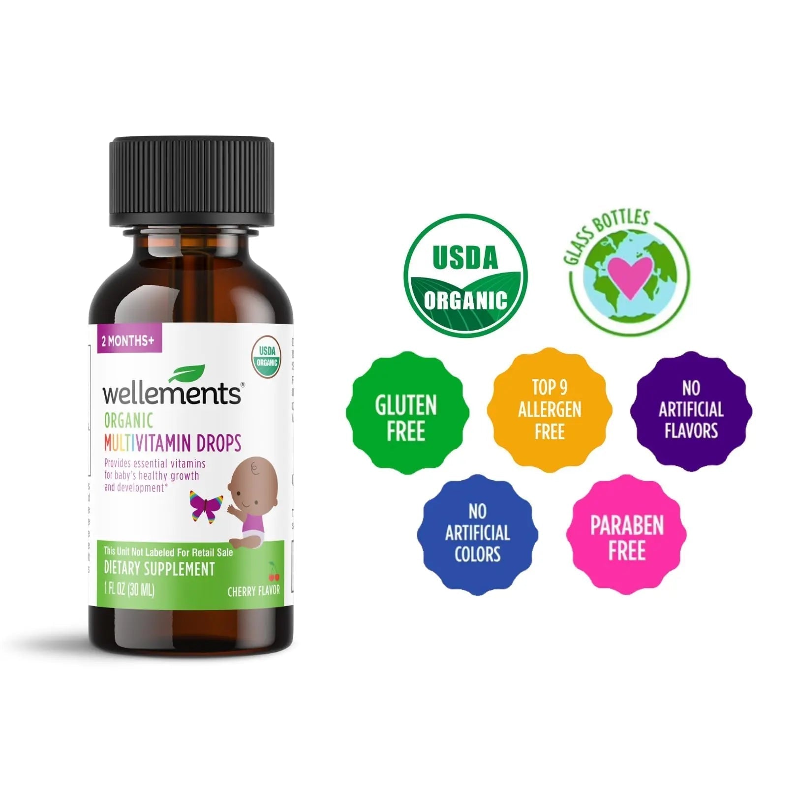 Wellements Organic Baby Multivitamin Drops (1 Fl Oz) - Cherry Flavor Liquid Multivitamins for Infants & Toddlers (2 Months+) WellementsBuy Supplements Australia