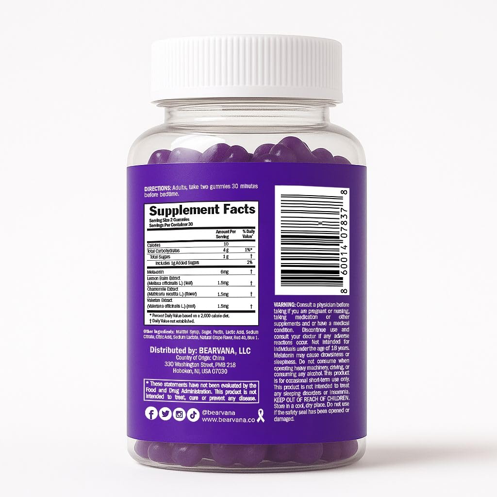 BEARVANA Sleep Gummies with Melatonin | Grape Flavored Vegan Sleep Supplement with Lemon Balm, Chamomile & Valerian Root | Night time Relaxation & Rest Support | 60 Gummies BEARVANABuy Supplements Australia