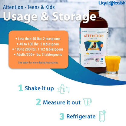 LIQUIDHEALTH Attention, Liquid Multivitamin for Kids & Teens - Improves Memory Retention, Concentration, Focus, Mood, Relaxation & Calming LIQUIDHEALTH