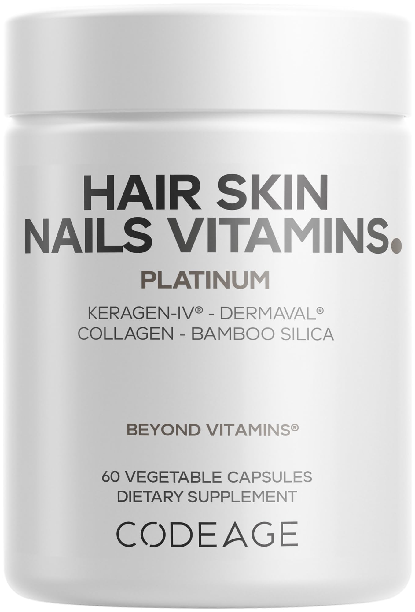 Codeage Hair Skin Nails Vitamins Platinum - KeraGEN-IV Keratin, Dermaval - Hair Fall, Skin Elasticity & Moisture Support - Biotin 5000, Collagen, Vitamin C, Coffeeberry, PABA Supplement - 60 Capsules CodeageBuy Supplements Australia
