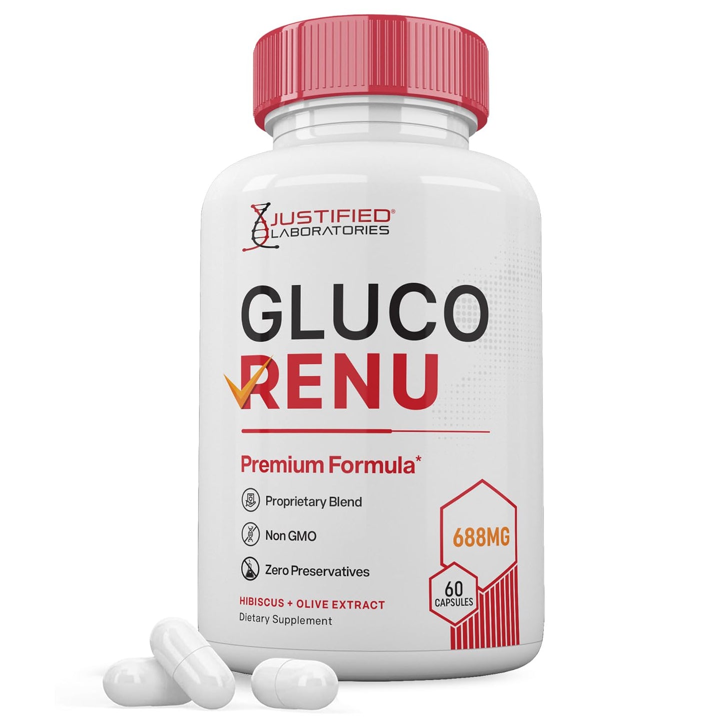 Gluco Renu 688MG Glyco Support Pills Premium Formula Gluo Renew Glycogen Support Formulated Hawthrone Hibiscus Garlic Junpier Powder Olive Forskolin Green Tea Extract 60 Capsules Justified LaboratoriesBuy Supplements Australia