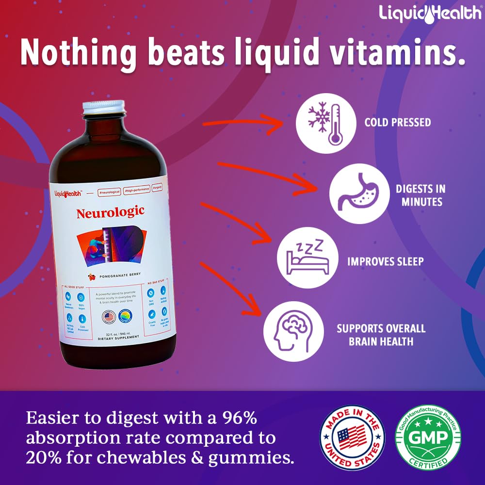 LIQUIDHEALTH Neurologic Focus Supplement - Brain Booster Nootropic Supplement for Cognitive Function, Memory & Focus with Ginkgo Biloba, Choline, L-Theanine & Phosphatidylserine - USA Made (2 Pack) LIQUIDHEALTHBuy Supplements Australia