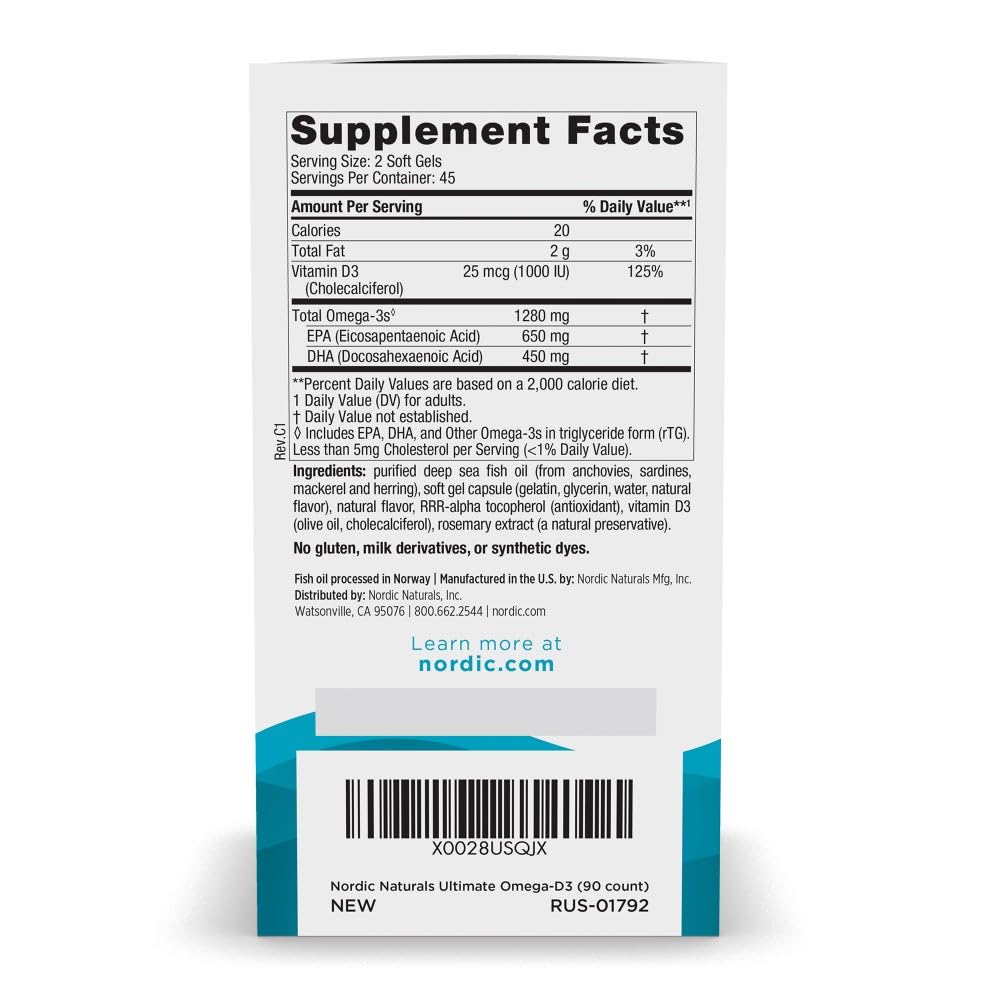 Nordic Naturals Ultimate Omega-D3, Lemon Flavor - 90 Soft Gels - 1280 mg Omega-3 + 1000 IU Vitamin D3 - EPA & DHA - Promotes Brain, Heart, & Immune Health - 45 Servings Nordic NaturalsBuy Supplements Australia