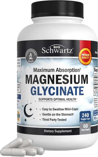 BioSchwartz Magnesium Glycinate 500mg Capsules (240 Mini Caps) Maximum Absorption Magnesium Supplement for Healthy Nerves Muscles Heart Mood and Sleep Support (Vegan, Gluten-Free, Non-GMO) BioSchwartzBuy Supplements Australia