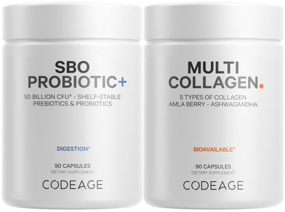 Codeage Multi Collagen Protein Capsules 5 Types, Ashwagandha Withania Somnifera & Organic Amla Berry + SBO Probiotic Blend 50 Billion CFU Bundle, Lactobacillus Plantarum, Bacillus Subtilis, Non-GMO CodeageBuy Supplements Australia