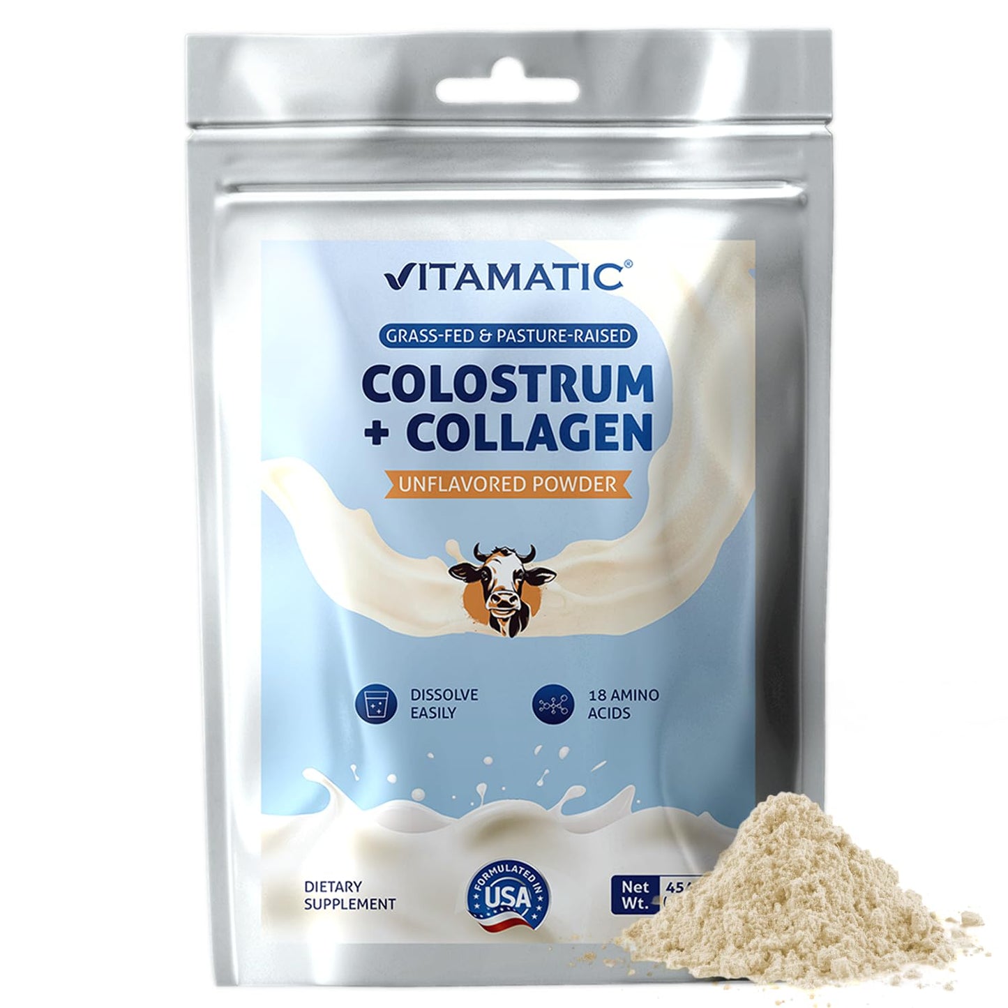 Vitamatic Bovine Colostrum + Collagen Powder - Supplement for Gut Health, Hair Growth, Beauty, Muscle Recovery, & Immune Support - Easy to Mix - Unflavored - 454 Gram, (16 oz) VitamaticBuy Supplements Australia