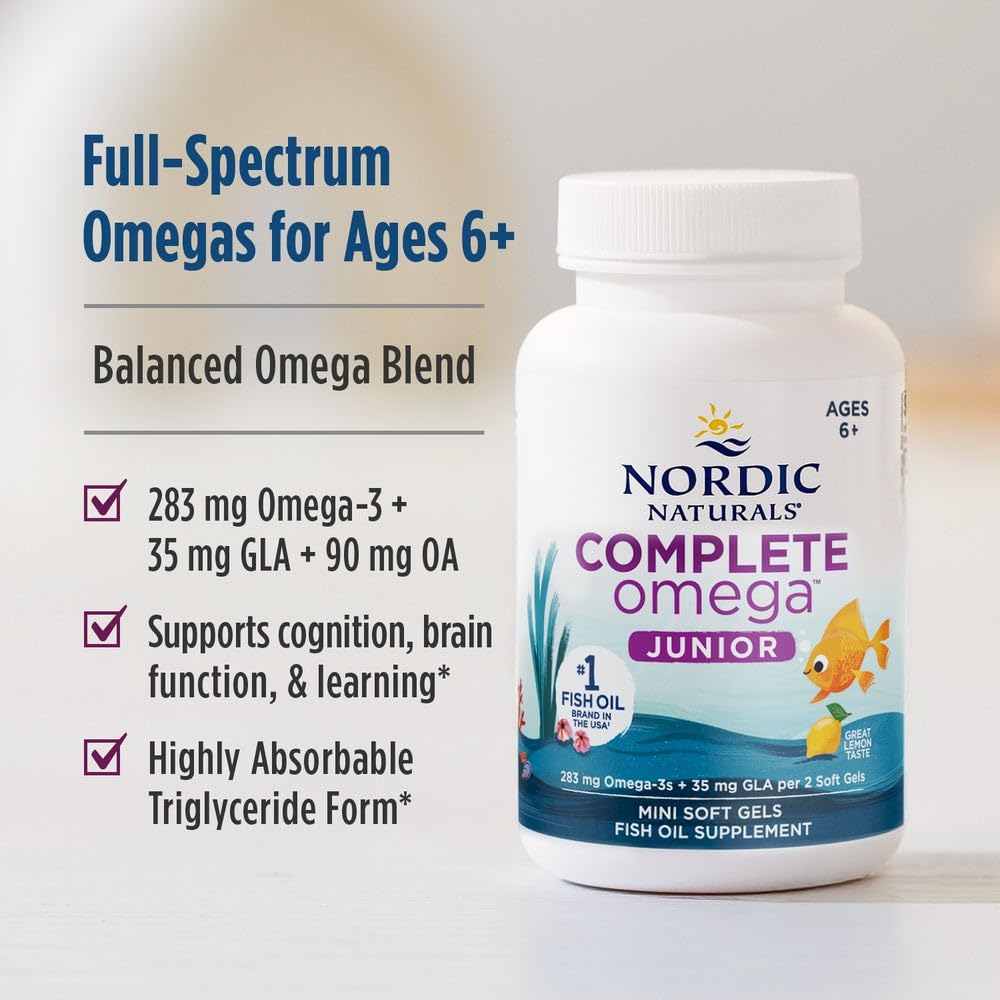 Nordic Naturals Complete Omega Jr., Lemon - 180 Mini Soft Gels - 283 mg Total Omega-3s & 35 mg GLA - Healthy Cognition, Nervous System Function - Non-GMO - 90 Servings Nordic NaturalsBuy Supplements Australia