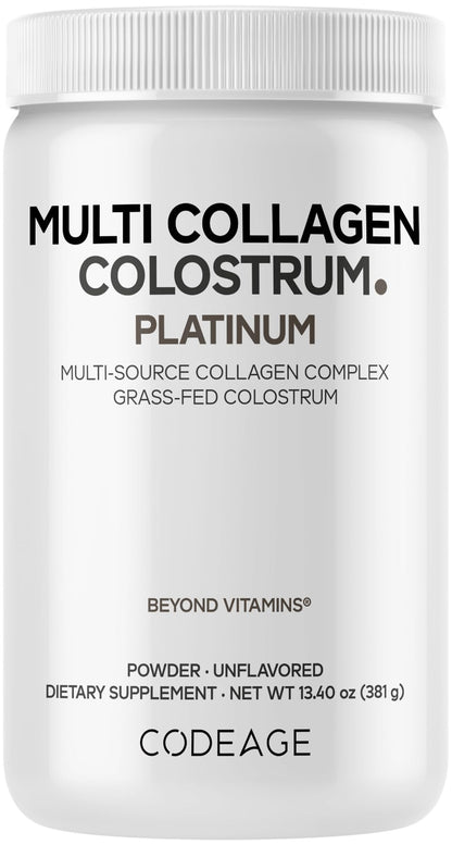 Codeage Multi Collagen Colostrum Powder Platinum - Hydrolyzed Grass-Fed Bovine Collagen Peptides, Grass-Fed Bovine Colostrum Supplement, Vitamin C, Biotin, Hyaluronic Acid, Lactoferrin - 13.4 Oz. CodeageBuy Supplements Australia