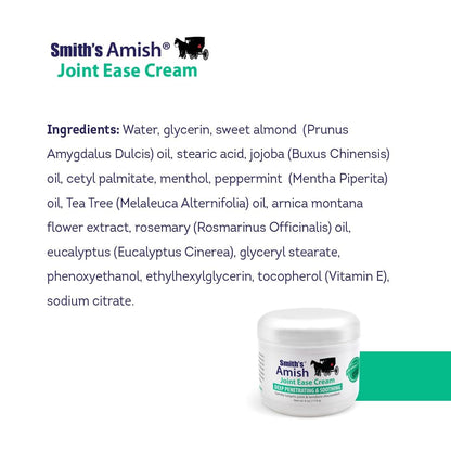 Smith’s Amish Joint Ease Cream 4 oz jar. Soothing and Cooling, with Botanicals of Arnica, Peppermint, Tea Tree, Rosemary and Eucalyptus Smith AmishBuy Supplements Australia