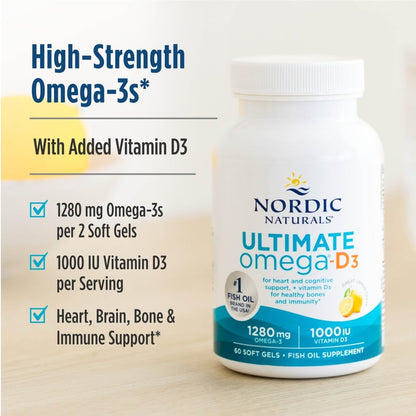 Nordic Naturals Ultimate Omega-D3, Lemon Flavor - 90 Soft Gels - 1280 mg Omega-3 + 1000 IU Vitamin D3 - EPA & DHA - Promotes Brain, Heart, & Immune Health - 45 Servings Nordic NaturalsBuy Supplements Australia