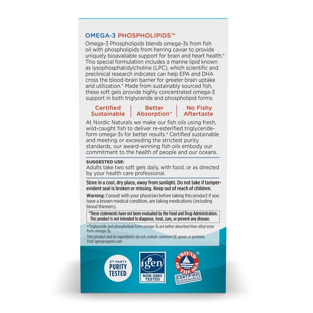 Nordic Naturals Omega-3 Phospholipids, Unflavored - 60 Soft Gels - 500 mg Omega-3 & 350 mg Phospholipids - Heart & Brain Health - Small, Easy-to-Swallow Soft Gels - Non-GMO - 30 Servings Nordic NaturalsBuy Supplements Australia