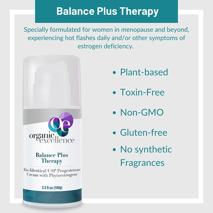 Organic Excellence Balance Plus Therapy - USP Bioidentical Organic Progesterone Cream for Women - with Phytoestrogens - for Menopause Relief and Natural Hormone Balance, 3.3 fl oz (100g) Organic ExcellenceBuy Supplements Australia