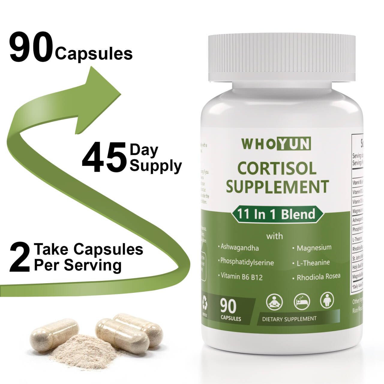 Whoyun Cortisol Supplement for Women, 11 in 1 Lower Cortisol Blend with Ashwagandha, Phosphatidylserine, Magnesium, L-Theanine, Vegan, 90 Capsules WhoyunBuy Supplements Australia