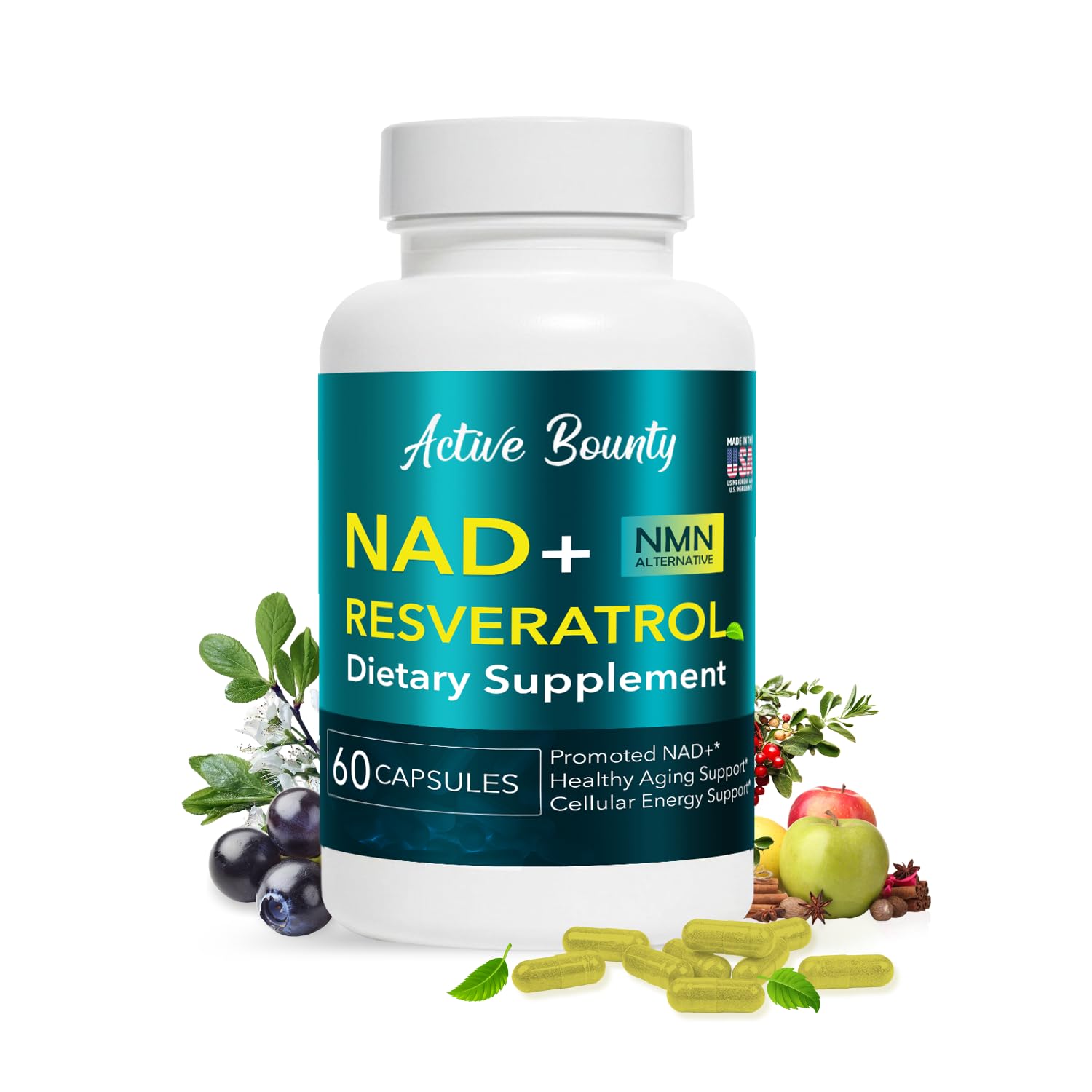 NAD+ Resveratrol Supplement with Quercetin – NMN Alternative for Cellular Energy Support, Focus & Healthy Aging – High Potency 500mg NAD+ Formula, Vegan, Non-GMO, Gluten-Free, Made in USA, 60 Capsules Active BountyBuy Supplements Australia