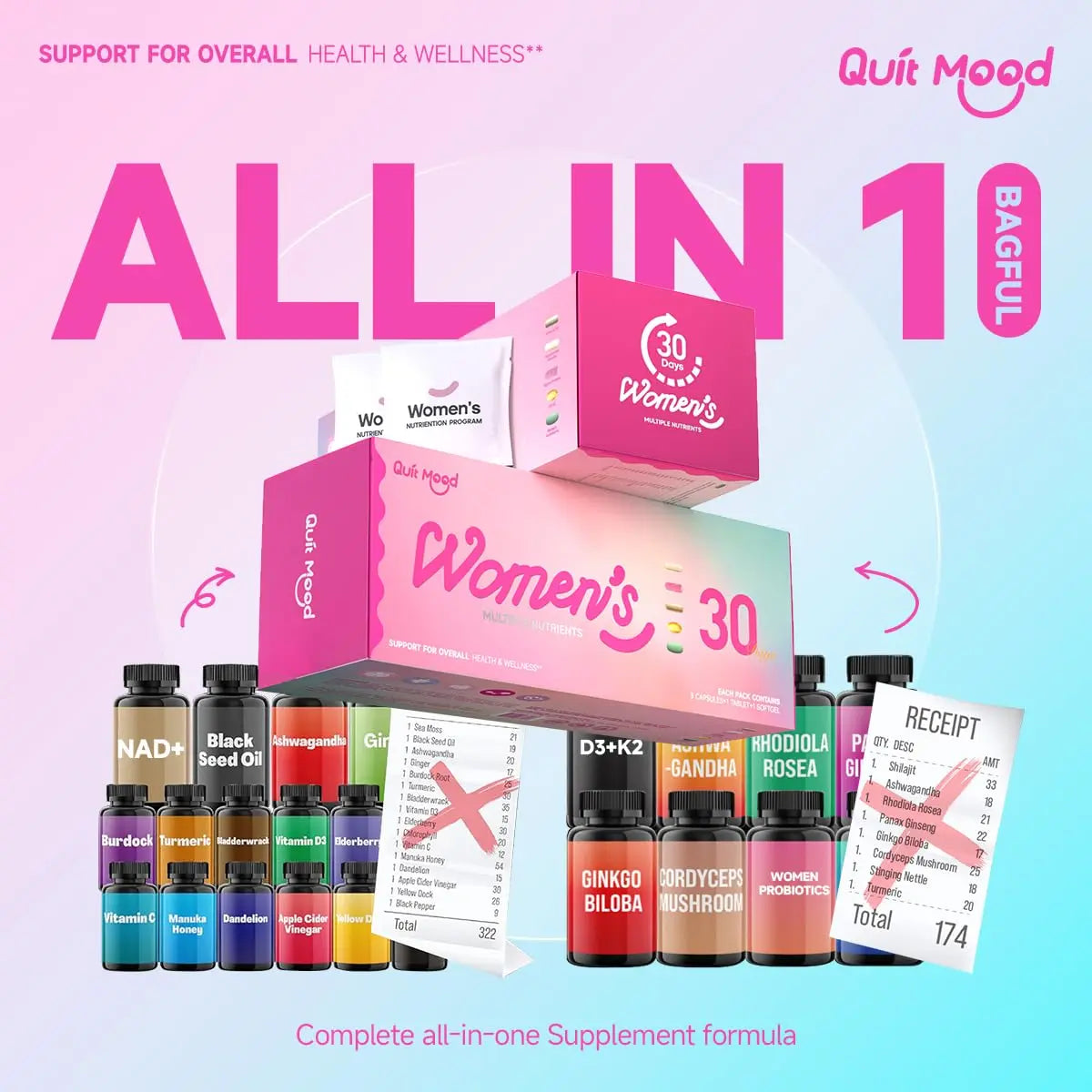 Multivitamin for Women Daily Vitamin Packs for 30 plus with Ashwagandha, D3 + K2, Probiotics&NR 1000 | Supplement for Beauty, Stress Relief Quit mood