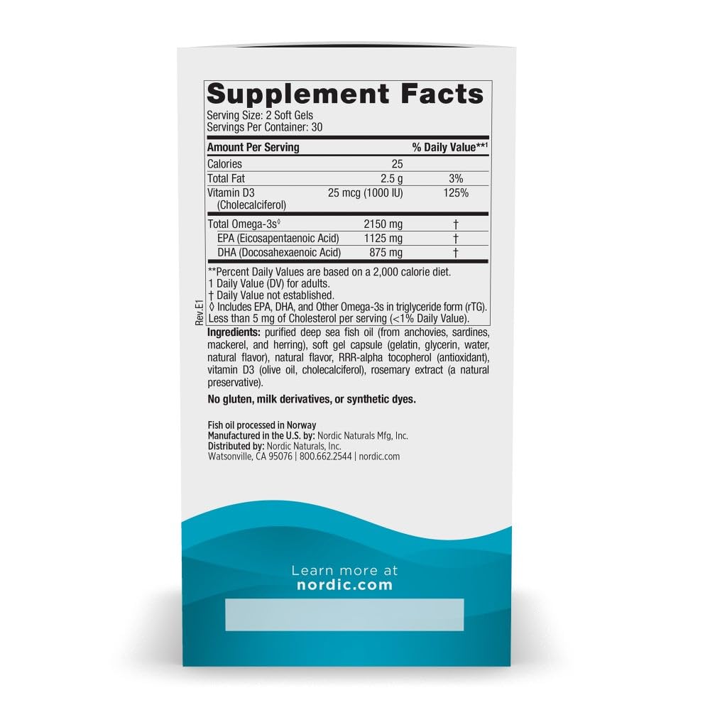 Nordic Naturals Ultimate Omega 2X with Vitamin D3, Lemon Flavor - 60 Soft Gels - 2150 mg Omega-3 + 1000 IU D3 - EPA & DHA - Brain, Heart, & Immune Health - 30 Servings Nordic NaturalsBuy Supplements Australia