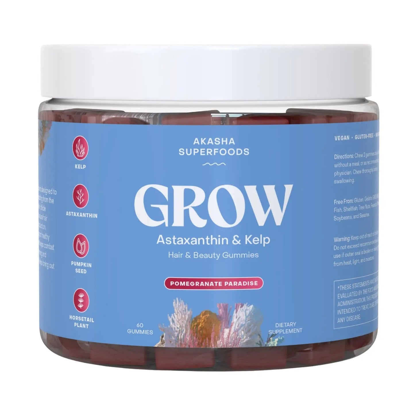 Akasha Superfoods Grow Hair & Beauty Gummies, Supplement with Zinc, Vitamin E, Astaxanthin, Kelp, & Pumpkin Seed, Plant Based Gummies for Women & Men Akasha Superfoods