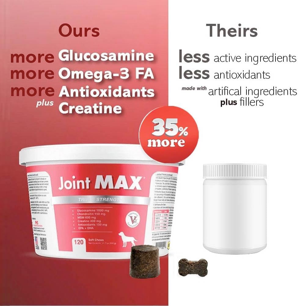 Joint Max TS Joint Supplement Vet Formulated Pain & Inflammation Relief Treats Hip Dysplasia & Arthritis, Glucosamine, Chondroitin, Turmeric, MSM, HA, Creatine, Omega 3 EPA + DHA.120 Soft Chews Joint MaxBuy Supplements Australia