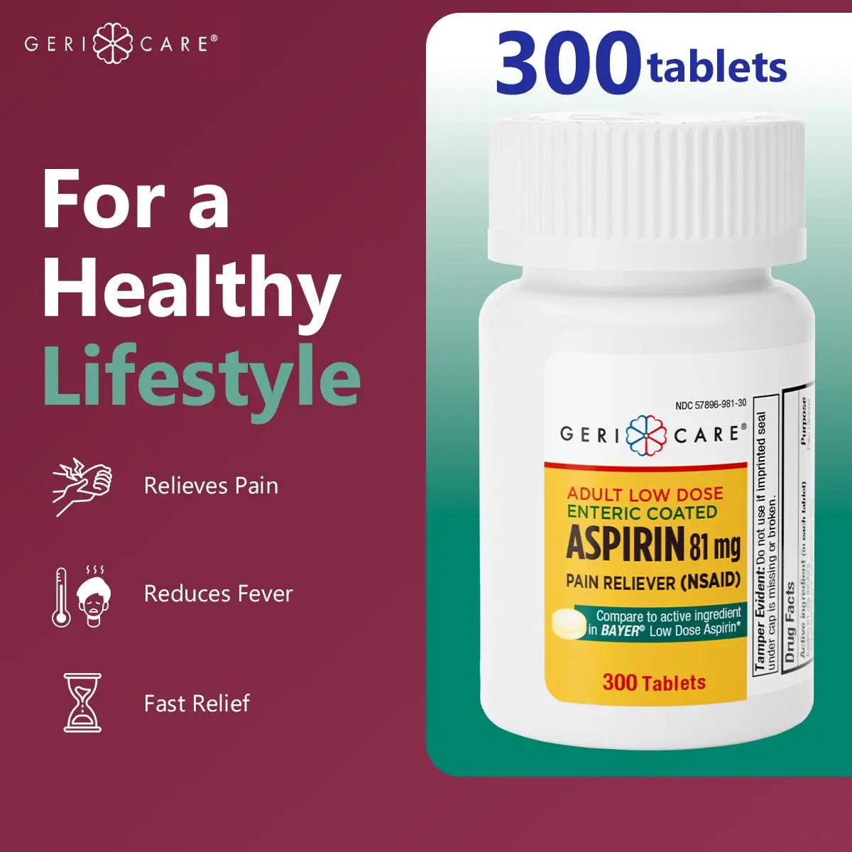 GeriCare Aspirin 81mg Adult Low Dose, Pain Reliever - Enteric Coated Tablets for Enhanced Absorption and Gentle Digestion – Supports Blood Flow, Reduces Inflammation, 300 Count (Pack of 1) GeriCareBuy Supplements Australia