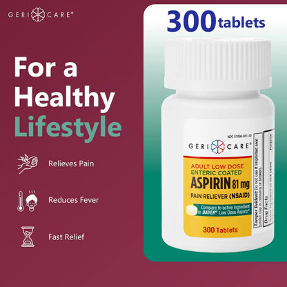 GeriCare Aspirin 81mg Adult Low Dose, Pain Reliever - Enteric Coated Tablets for Enhanced Absorption and Gentle Digestion – Supports Blood Flow, Reduces Inflammation, 300 Count (Pack of 1) GeriCareBuy Supplements Australia