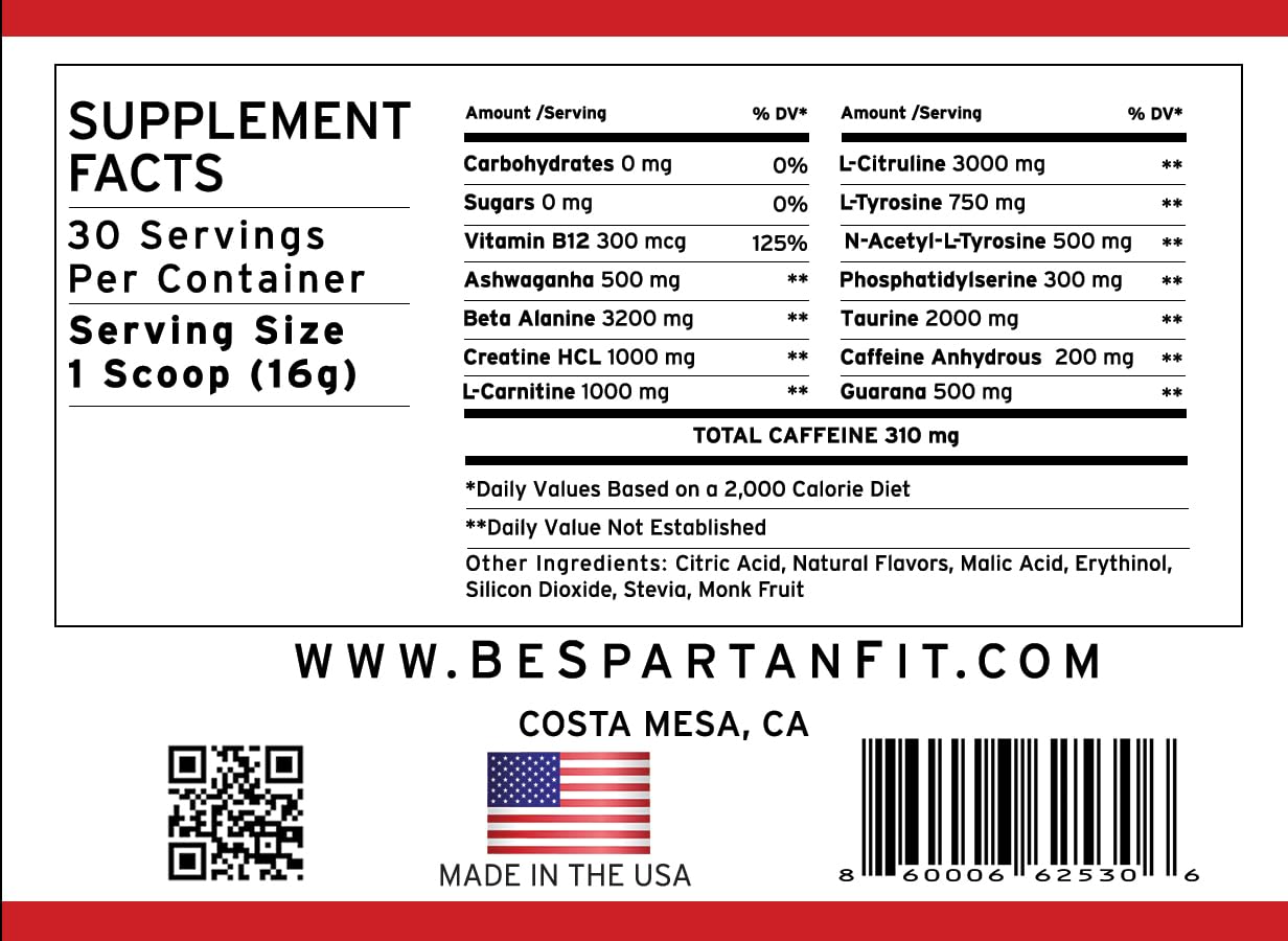 Spartan Fit Nutrition Pre-Workout Powder -Berry Flavor with Full Serving of Creatine +310mg Caffeine Including Brazilian Superfood Guarana - Ashwagandha, & Phosphatidylserine | 30 Servings