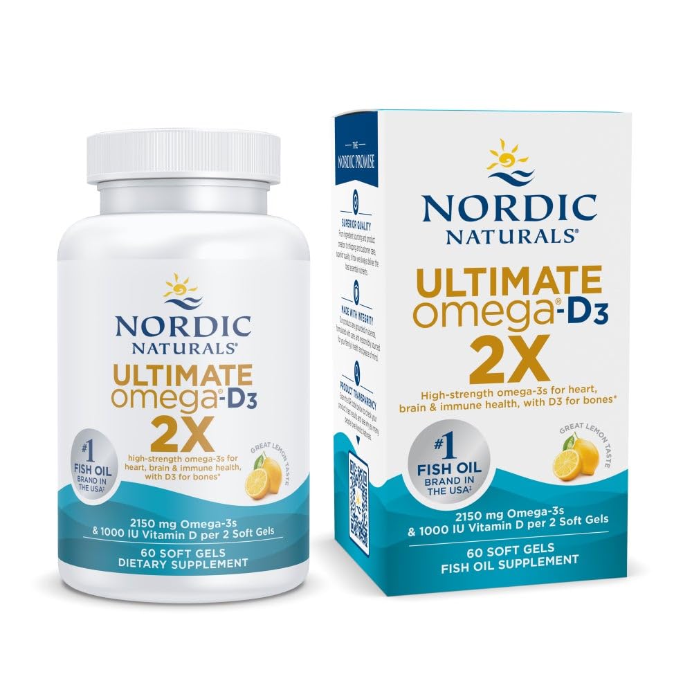 Nordic Naturals Ultimate Omega 2X with Vitamin D3, Lemon Flavor - 60 Soft Gels - 2150 mg Omega-3 + 1000 IU D3 - EPA & DHA - Brain, Heart, & Immune Health - 30 Servings Nordic NaturalsBuy Supplements Australia