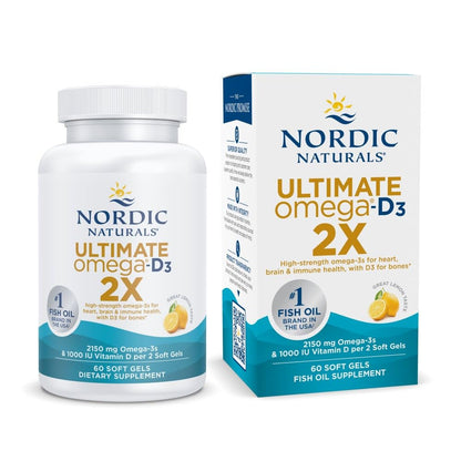 Nordic Naturals Ultimate Omega 2X with Vitamin D3, Lemon Flavor - 60 Soft Gels - 2150 mg Omega-3 + 1000 IU D3 - EPA & DHA - Brain, Heart, & Immune Health - 30 Servings Nordic NaturalsBuy Supplements Australia