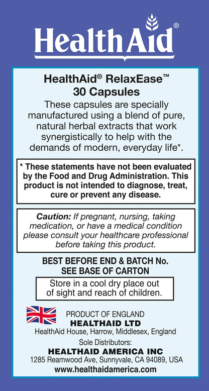RelaxEase, Herbal Blend to Support Harmony and Tranquility, Once Daily, 30 ct, Helps Promote Health and Relaxation HealthAidBuy Supplements Australia