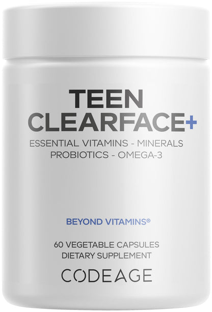 Codeage Teen Clearface Adolescent Face, Skin & Pimples, Vitamins A, C, D3, E, Pantothenic Acid, Niacin, Zinc Supplement Teenagers, Probiotics, L-Lysine, Omega-3, Oily Skin, Pores, Spots - 60 Capsules CodeageBuy Supplements Australia