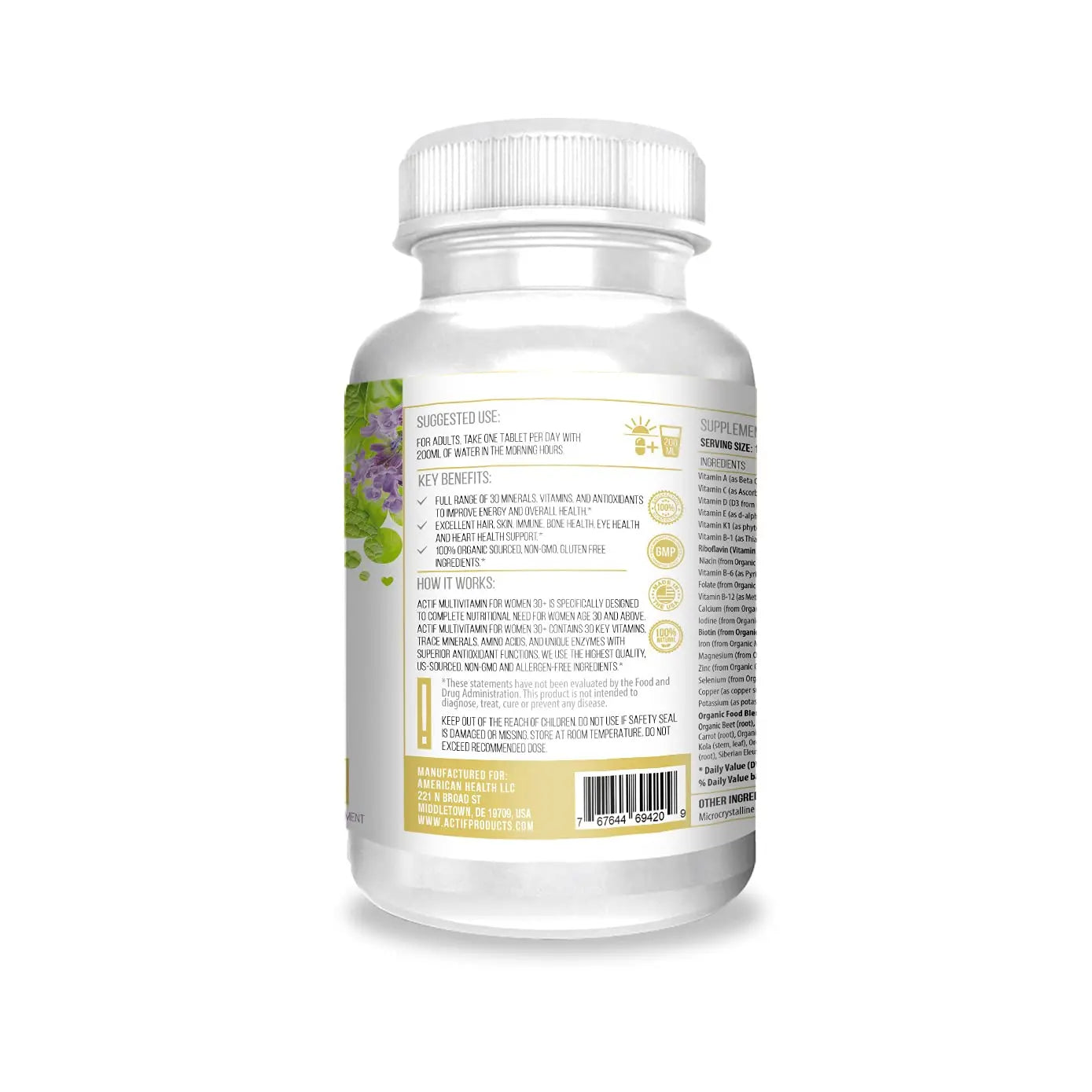Actif Organic Multivitamin for Women Age 30+ with 30 Organic Vitamins and Organic Herbs, Non-GMO, Made in USA, 2-Month Supply ACTIF