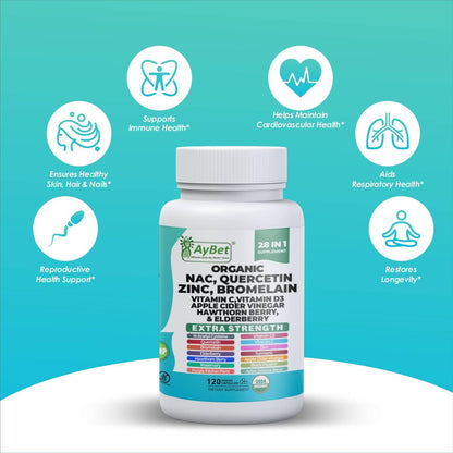 NAC-n-acetyl cysteine- Quercetin Zinc Bromelain Supplement | Extra Strength with Vit C, D3, Apple Cider Vinegar, Elderberry, Hawthorn Berry, Turmeric | Immune Support|120 Vegan Capsules | USDA Organic AyBetBuy Supplements Australia