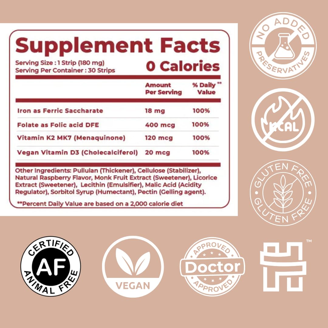 MedHugs NutriHugs Blood and Bone Support - Iron, Folate, Vitamin D3 and K2 - Fast-Dissolving Oral Thin Film Strips - Non-Constipating Iron - Vegan, Sugar-Free, Non-GMO - 30 Strips MedHugsBuy Supplements Australia