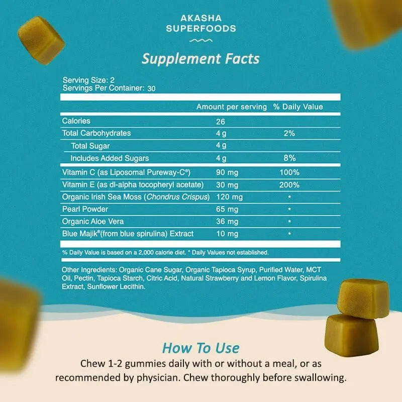 Akasha Superfoods Sea Moss Glow Gummies, Hair, Skin & Nails Vitamins with Seamoss, Pearl Powder, Vitamin E, Aloe Vera, Liposomal Vitamin C Akasha SuperfoodsBuy Supplements Australia