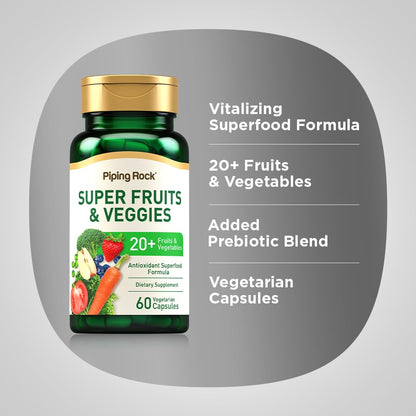 Piping Rock Fruits and Veggies Supplement | 60 Capsules | Superfood Fruit and Vegetables Vitamins | with Prebiotic Blend | Vegetarian Formula | Non-GMO, Gluten Free Piping RockBuy Supplements Australia