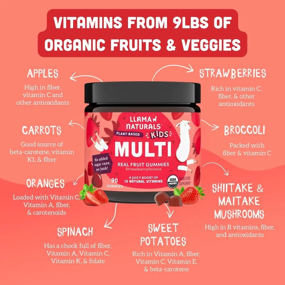 Llama Naturals Kids Multivitamin Gummies | Real Fruit, No Added Sugar Cane | Organic Vegan Toddler Whole Food Vitamins | Llama NaturalsBuy Supplements Australia
