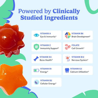First Day Kids Multivitamin Gummies Age 4+, Strawberry & Orange - Kids Vitamins Multivitamin Gummy A C D3 K2 B1 B2 B6 B12 Folate, Immunity & Brain Function FIRST DAYBuy Supplements Australia