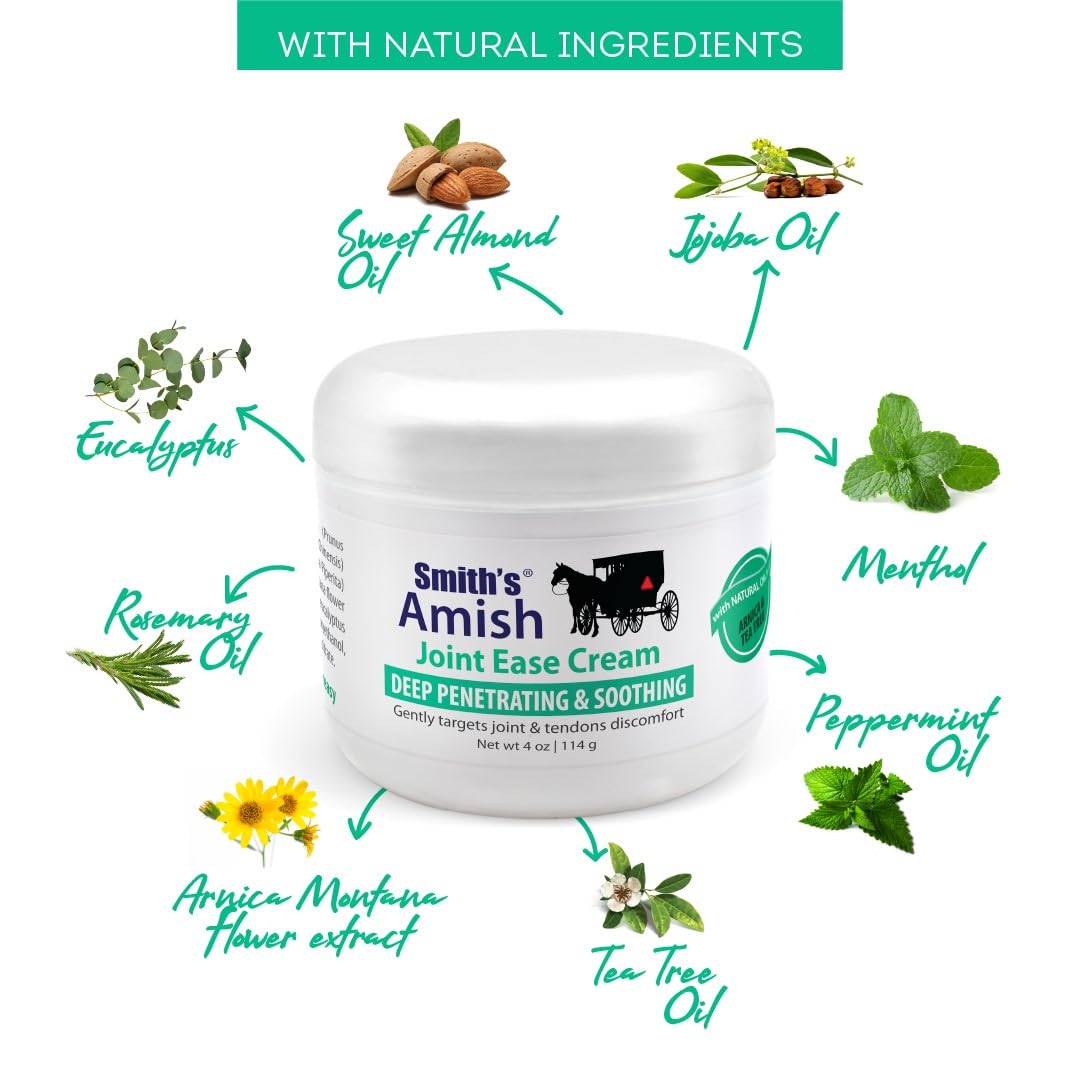 Smith’s Amish Joint Ease Cream 4 oz jar. Soothing and Cooling, with Botanicals of Arnica, Peppermint, Tea Tree, Rosemary and Eucalyptus Smith AmishBuy Supplements Australia