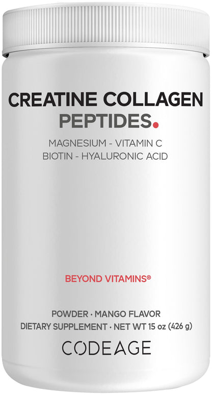 Codeage Creatine Collagen Peptides - Creatine Monohydrate Powder Supplement, Wild-Caught Marine Collagen, Biotin, Magnesium, Vitamin C, Hyaluronic Acid - Mango Flavored - Non-GMO - 15 Oz CodeageBuy Supplements Australia