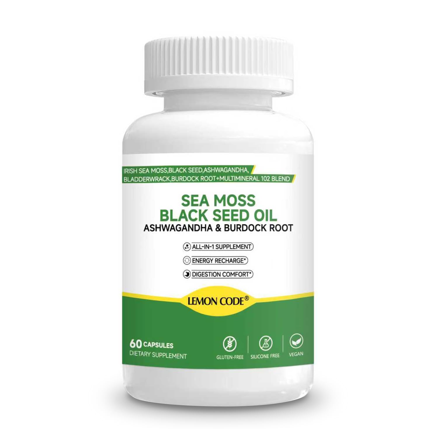 LEMON CODE Sea Moss & Black Seed Oil Capsules with Burdock & Bladderwrack & Ashwagandha, Vitamin C&D,Natural Herbal Complex for Daily Balance, Energy & Digestive Support, Vegan, Non-GMO, 60 Capsules LEMON CODEBuy Supplements Australia