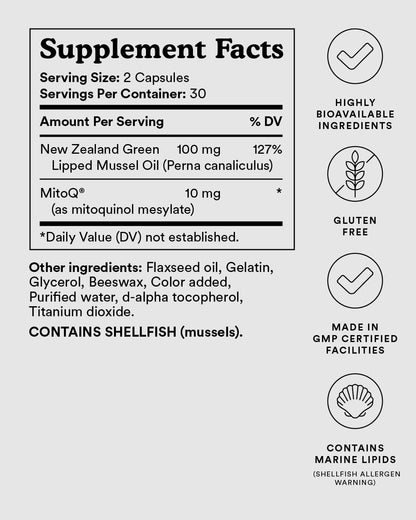 MitoQ +Joint Advanced CoQ10 Antioxidant Supplement - Contains Mitoquinol Mesylate & Green Lipped Mussel Omega Oil Extract - Supports Healthy Joint, Mobility and Cell Vitality (60 Softgel Capsules) MitoQBuy Supplements Australia