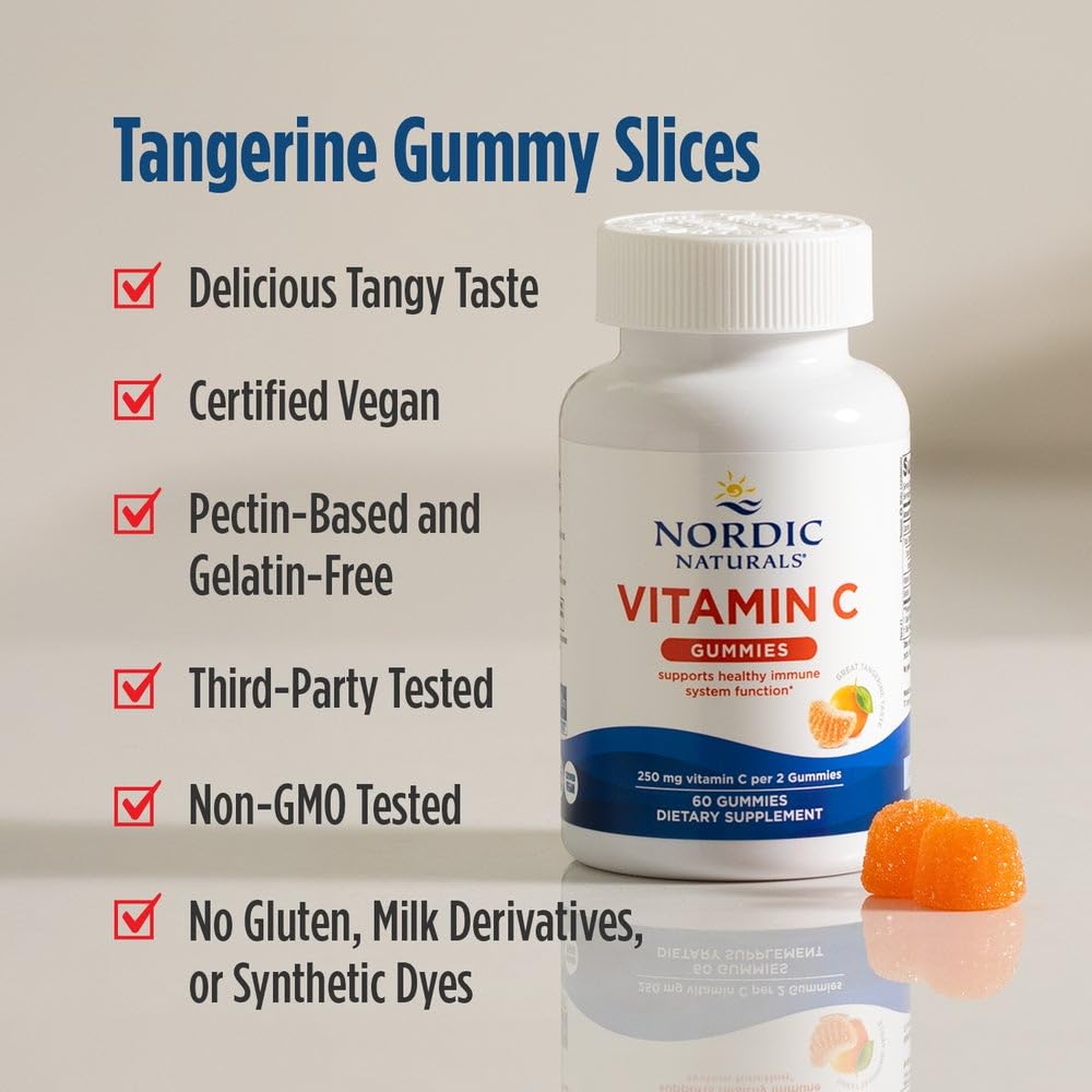 Nordic Naturals Vitamin C Gummies, Tart Tangerine - 120 Gummies - 250 mg Vitamin C - Immune Support, Antioxidant Protection